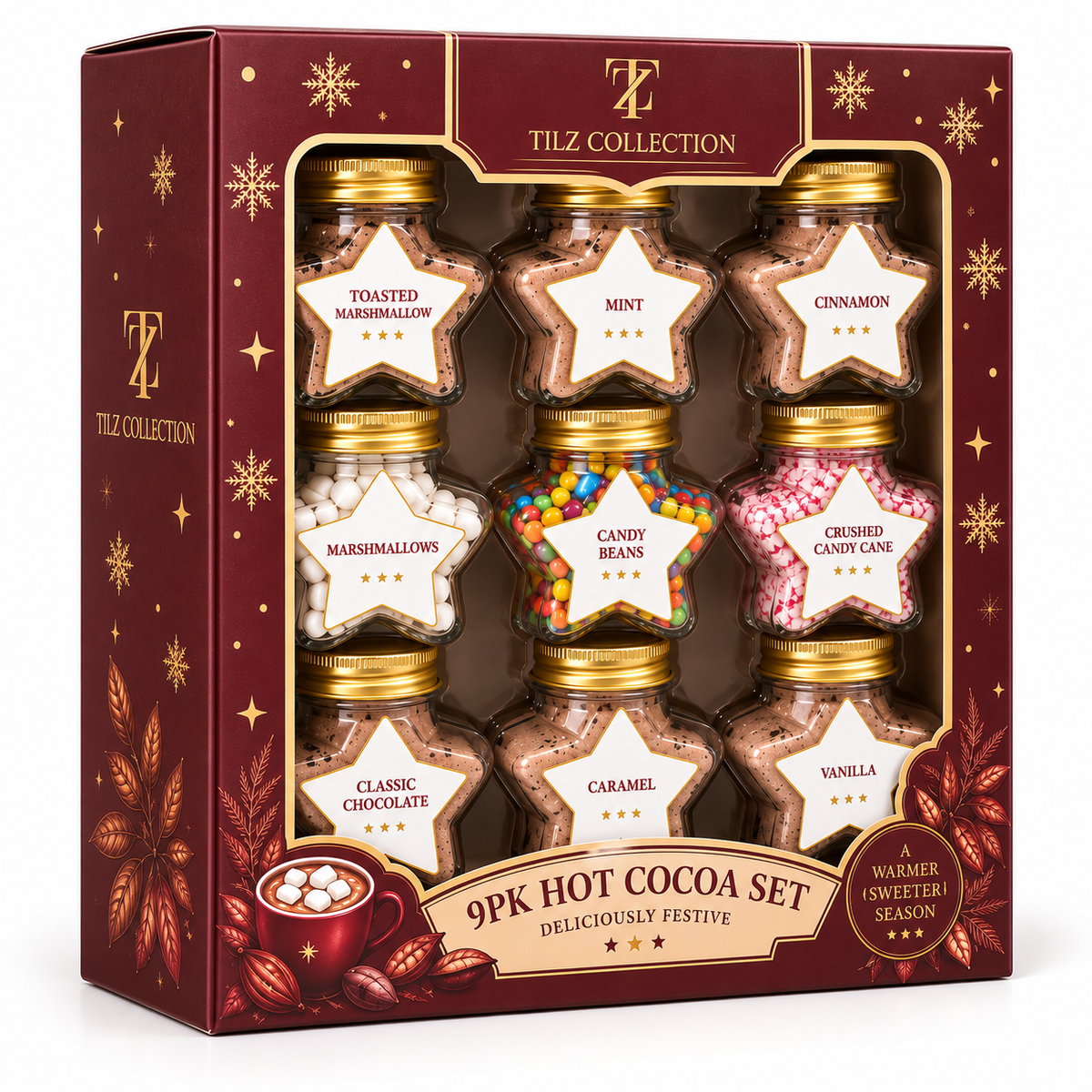 9PK Hot Chocolate Gift Set in Star Jars (242g) – Hot Chocolate Station Kit with Cocoa Powder & Toppings – Ideal Christmas Eve Box Fillers, Secret Santa Gift Box & Novelty Chocolate Gifts for Kids & Ad