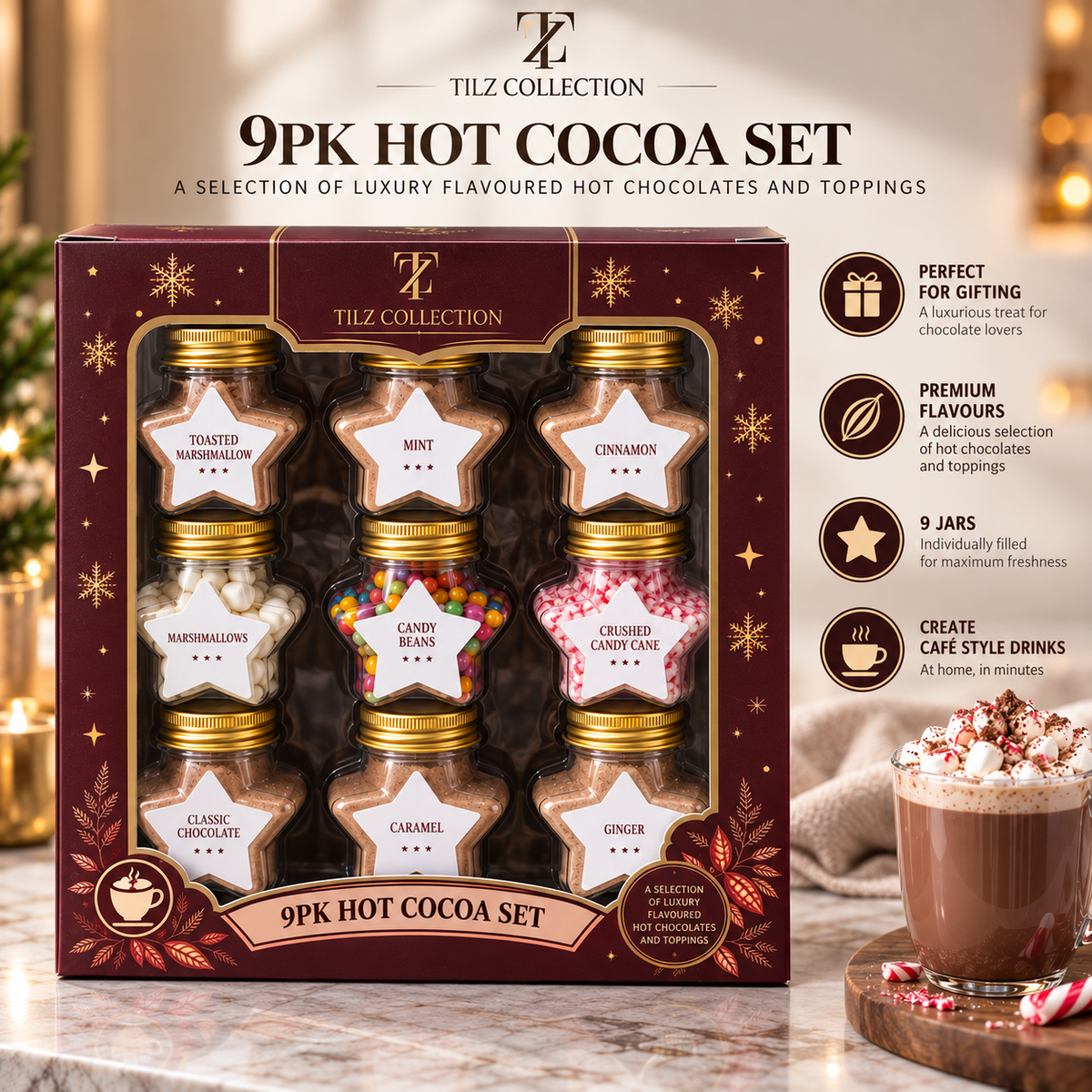 9PK Hot Chocolate Gift Set in Star Jars (242g) – Hot Chocolate Station Kit with Cocoa Powder & Toppings – Ideal Christmas Eve Box Fillers, Secret Santa Gift Box & Novelty Chocolate Gifts for Kids & Ad