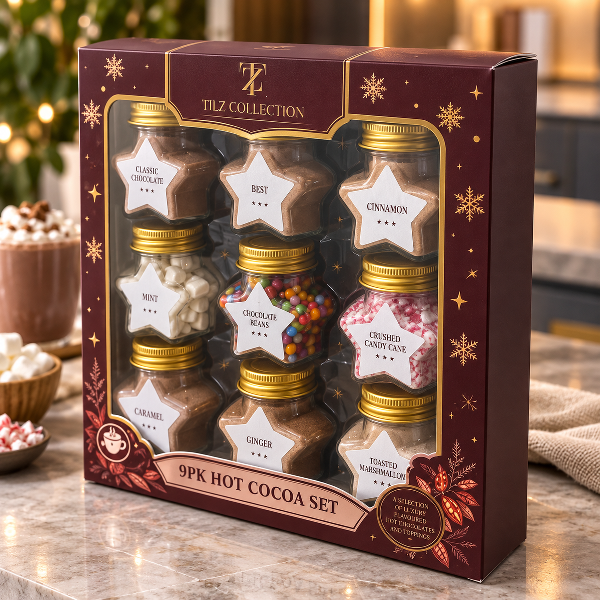 9PK Hot Chocolate Gift Set in Star Jars (242g) – Hot Chocolate Station Kit with Cocoa Powder & Toppings – Ideal Christmas Eve Box Fillers, Secret Santa Gift Box & Novelty Chocolate Gifts for Kids & Ad