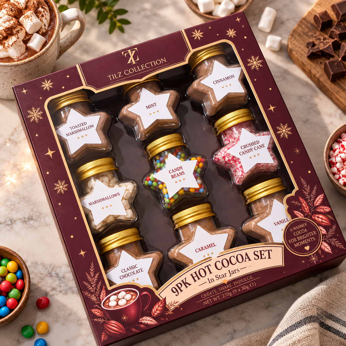 9PK Hot Chocolate Gift Set in Star Jars (242g) – Hot Chocolate Station Kit with Cocoa Powder & Toppings – Ideal Christmas Eve Box Fillers, Secret Santa Gift Box & Novelty Chocolate Gifts for Kids & Ad