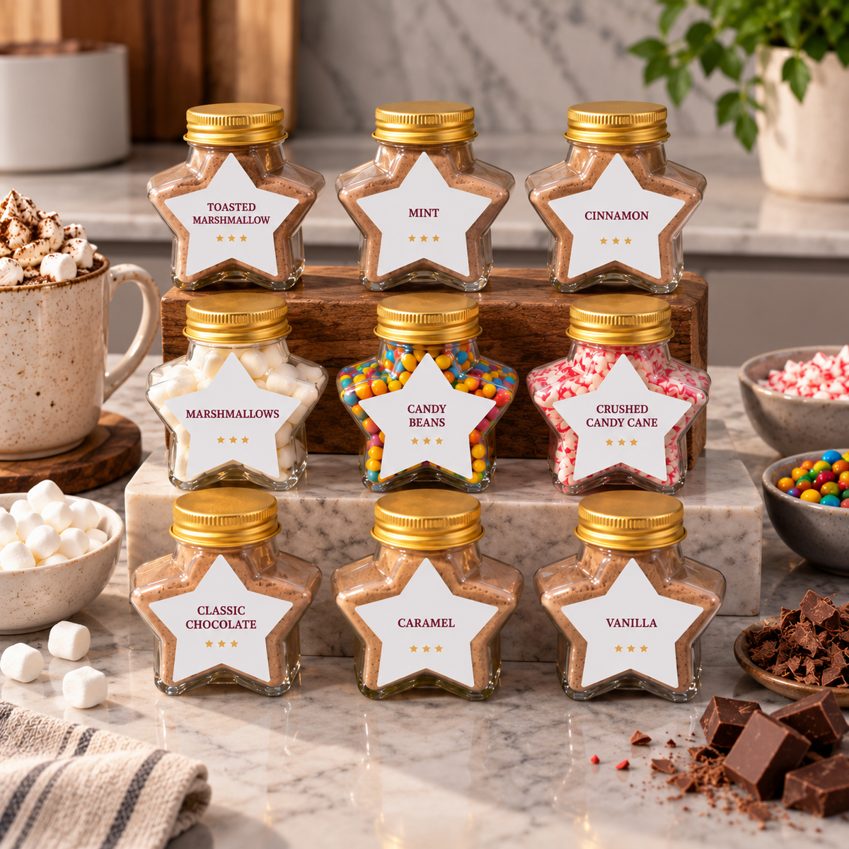9PK Hot Chocolate Gift Set in Star Jars (242g) – Hot Chocolate Station Kit with Cocoa Powder & Toppings – Ideal Christmas Eve Box Fillers, Secret Santa Gift Box & Novelty Chocolate Gifts for Kids & Ad