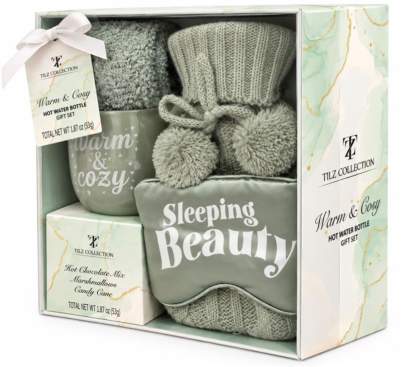 Hot Water Bottle Gift Set | Sage Green with Hot Chocolate & Socks