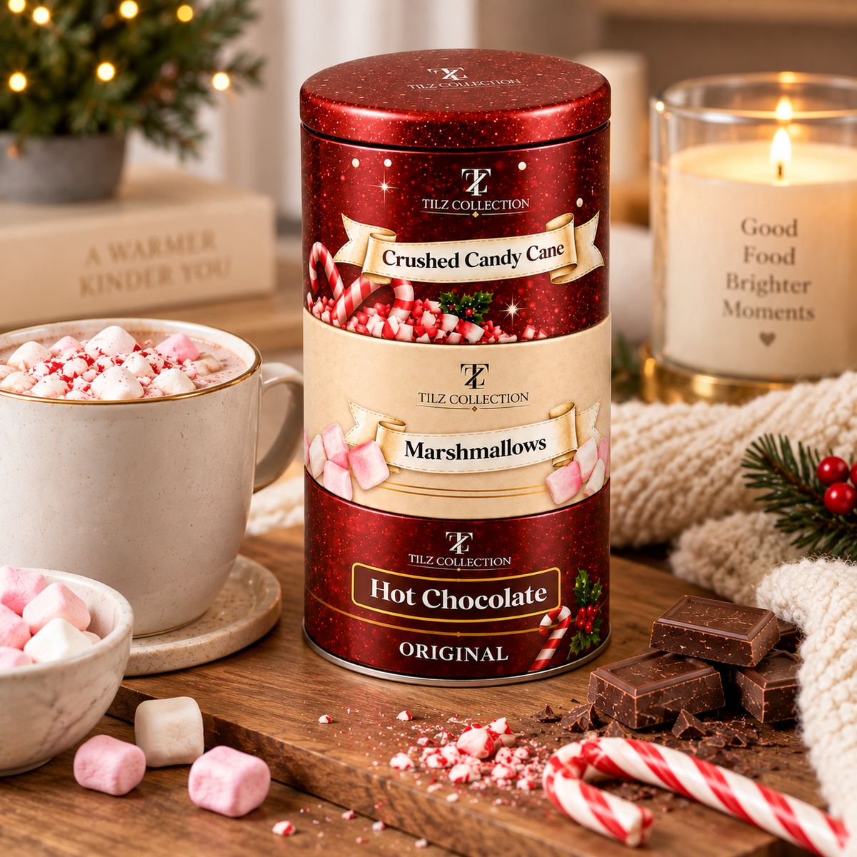 Hot Chocolate Stacked Tins Gift Set | Cocoa, Marshmallows & Candy Cane