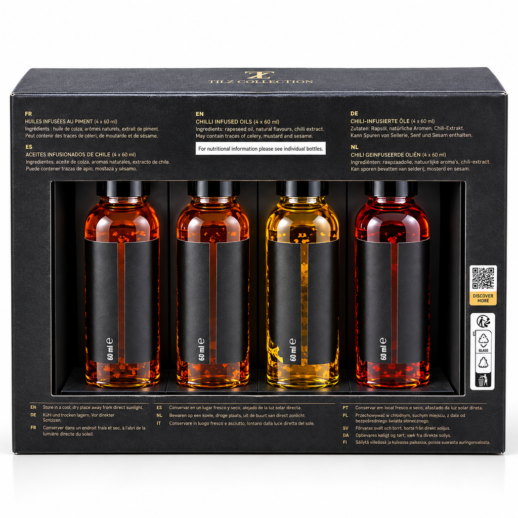 Chilli Infused Oil Set – 4 Heat Levels (4 x 60ml) – Mild, Medium, Hot and Fiery Chilli Oil Gift Set for Men, Cooking Gift Hamper and Foodie Gifts