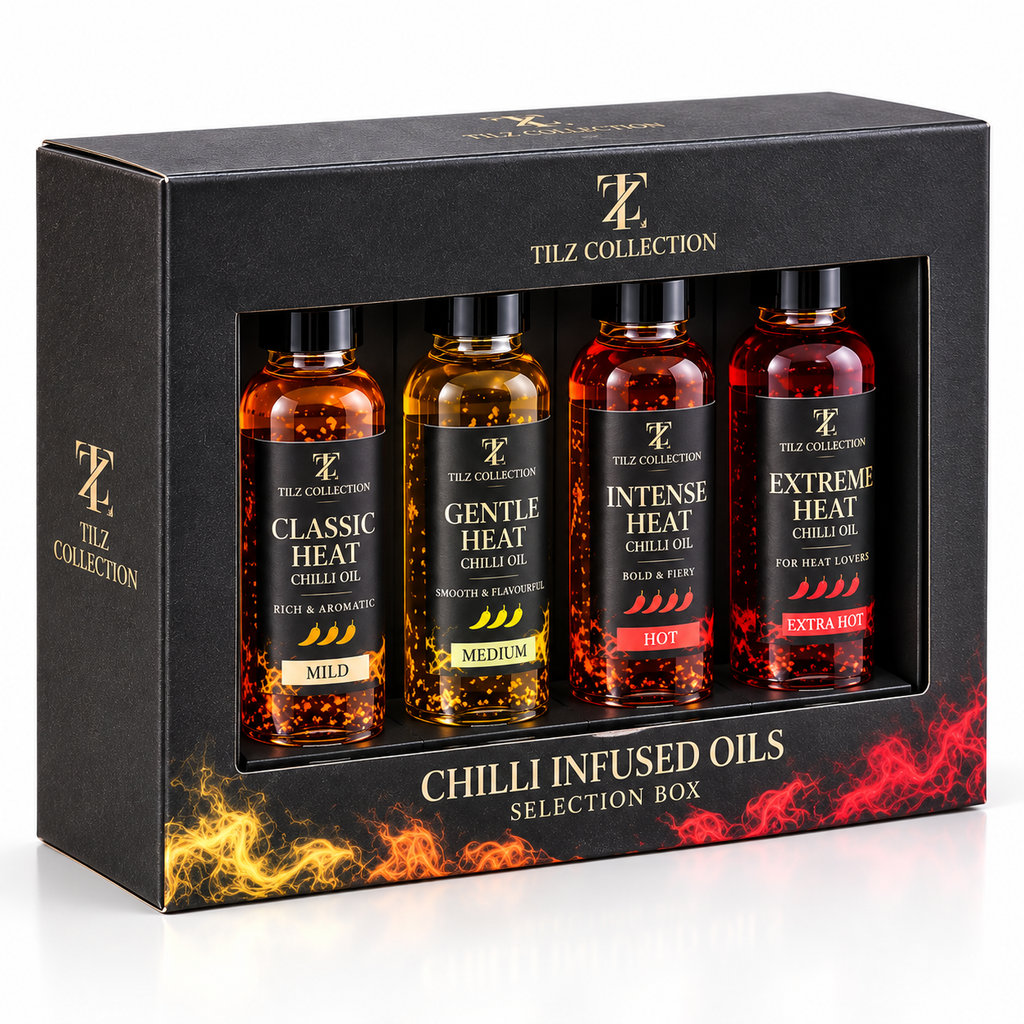 Chilli Infused Oil Set – 4 Heat Levels (4 x 60ml) – Mild, Medium, Hot and Fiery Chilli Oil Gift Set for Men, Cooking Gift Hamper and Foodie Gifts