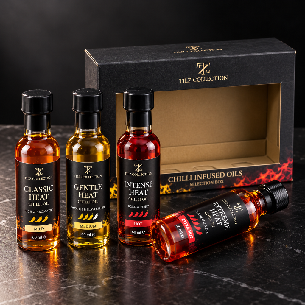 Chilli Infused Oil Set – 4 Heat Levels (4 x 60ml) – Mild, Medium, Hot and Fiery Chilli Oil Gift Set for Men, Cooking Gift Hamper and Foodie Gifts