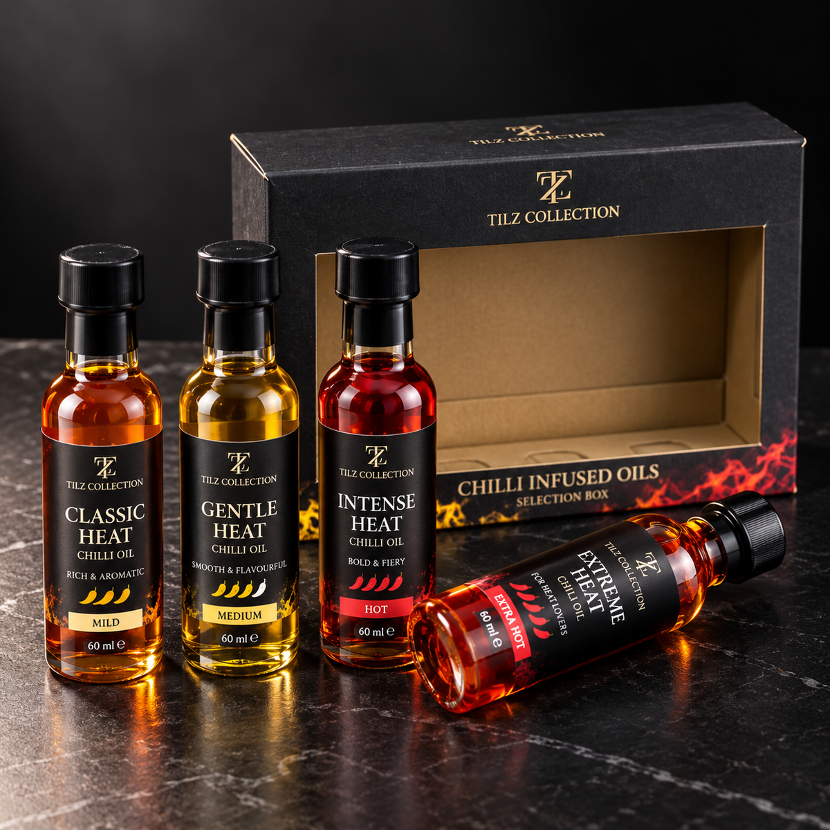Chilli Infused Oil Set – 4 Heat Levels (4 x 60ml) – Mild, Medium, Hot and Fiery Chilli Oil Gift Set for Men, Cooking Gift Hamper and Foodie Gifts