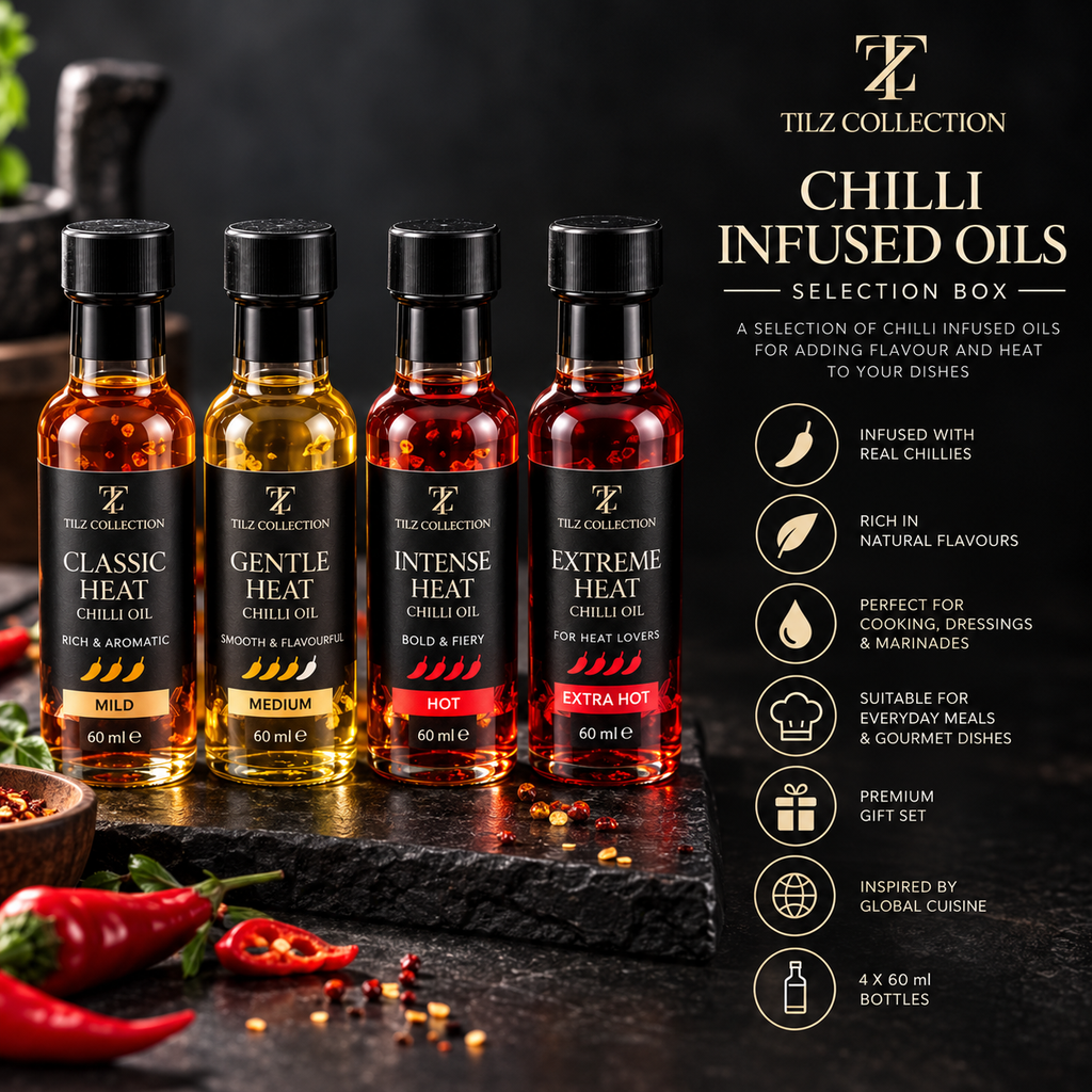 Chilli Infused Oil Set – 4 Heat Levels (4 x 60ml) – Mild, Medium, Hot and Fiery Chilli Oil Gift Set for Men, Cooking Gift Hamper and Foodie Gifts