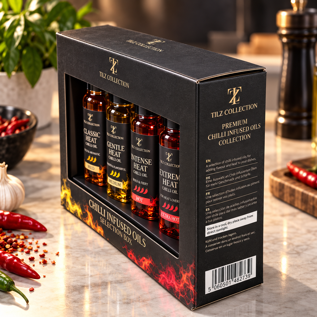 Chilli Infused Oil Set – 4 Heat Levels (4 x 60ml) – Mild, Medium, Hot and Fiery Chilli Oil Gift Set for Men, Cooking Gift Hamper and Foodie Gifts