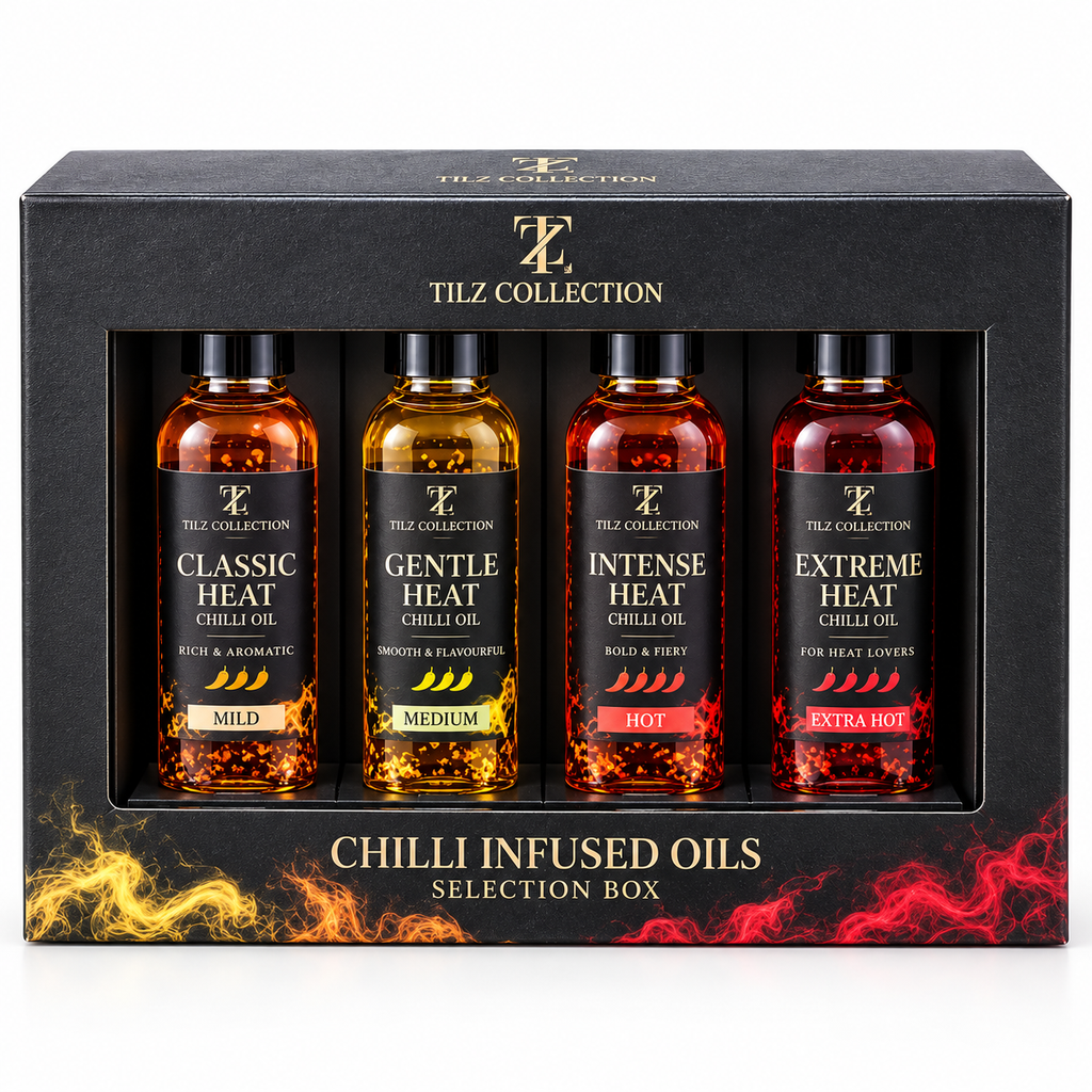 Chilli Infused Oil Set – 4 Heat Levels (4 x 60ml) – Mild, Medium, Hot and Fiery Chilli Oil Gift Set for Men, Cooking Gift Hamper and Foodie Gifts