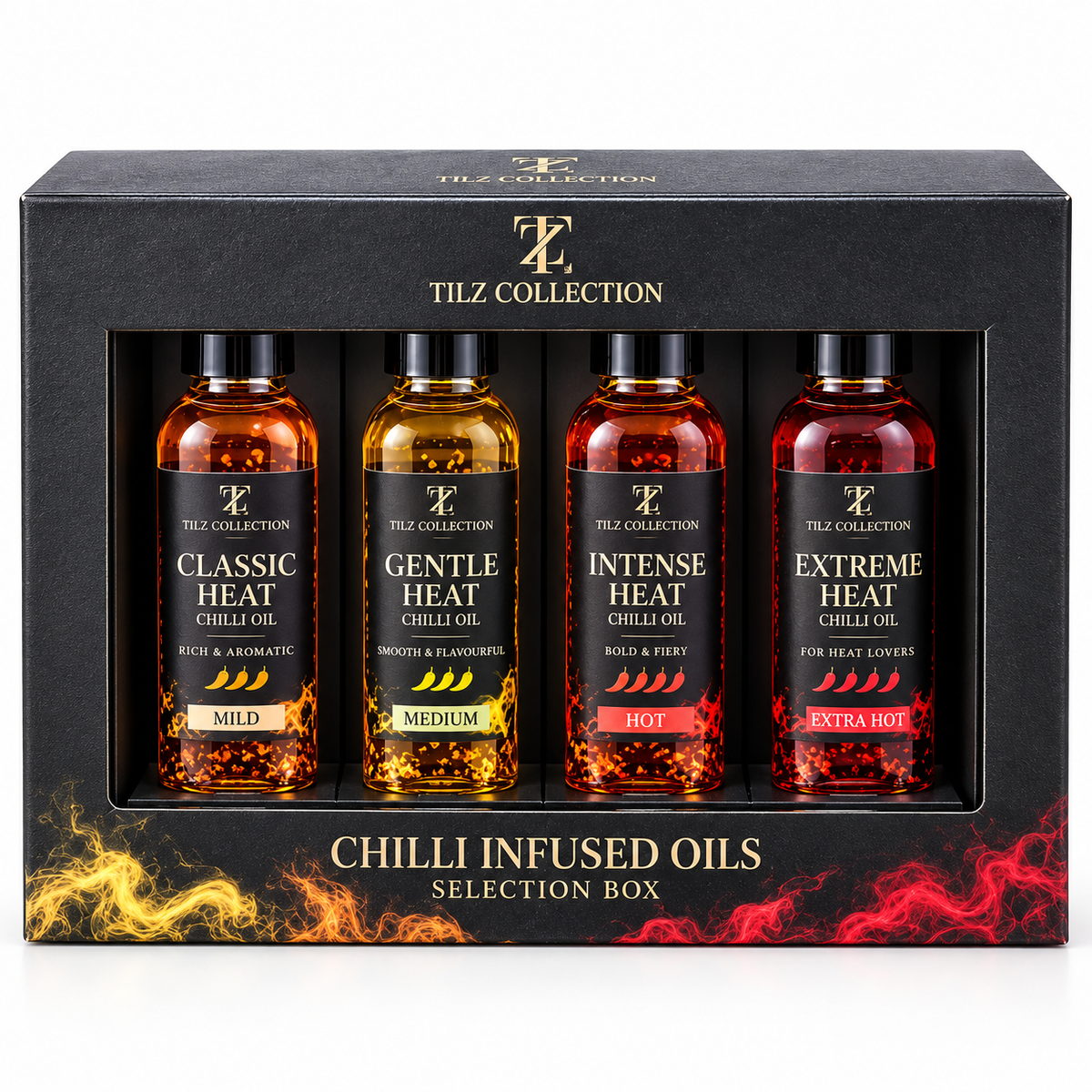 Chilli Infused Oil Set – 4 Heat Levels (4 x 60ml) – Mild, Medium, Hot and Fiery Chilli Oil Gift Set for Men, Cooking Gift Hamper and Foodie Gifts