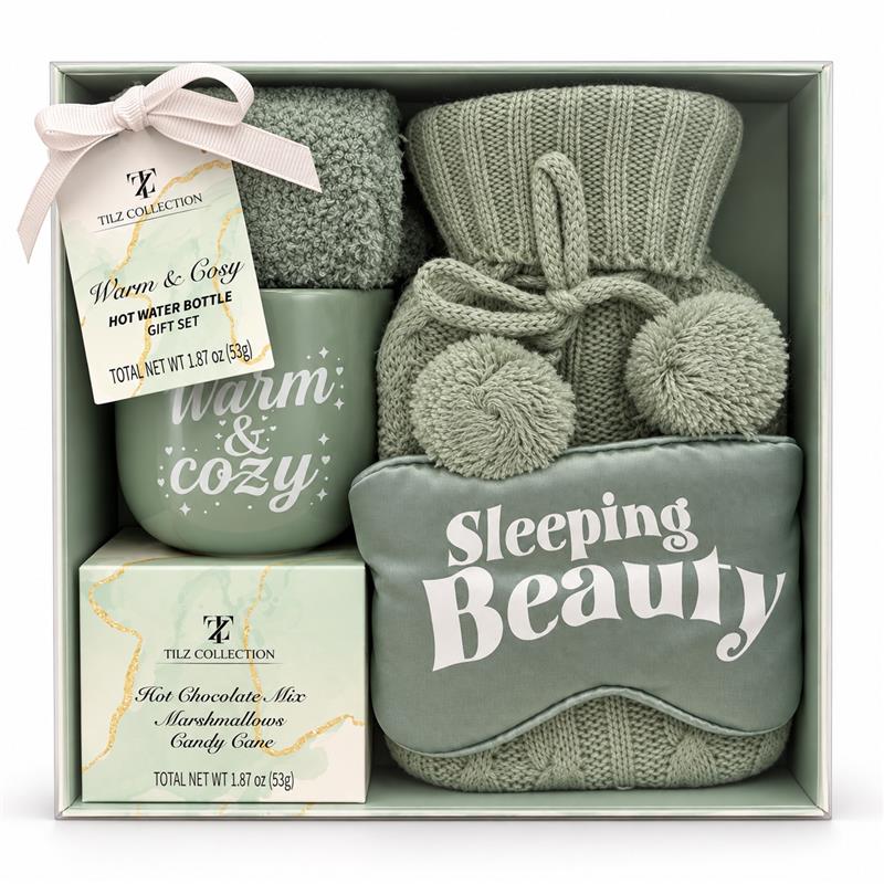 Hot Water Bottle Gift Set | Sage Green with Hot Chocolate & Socks