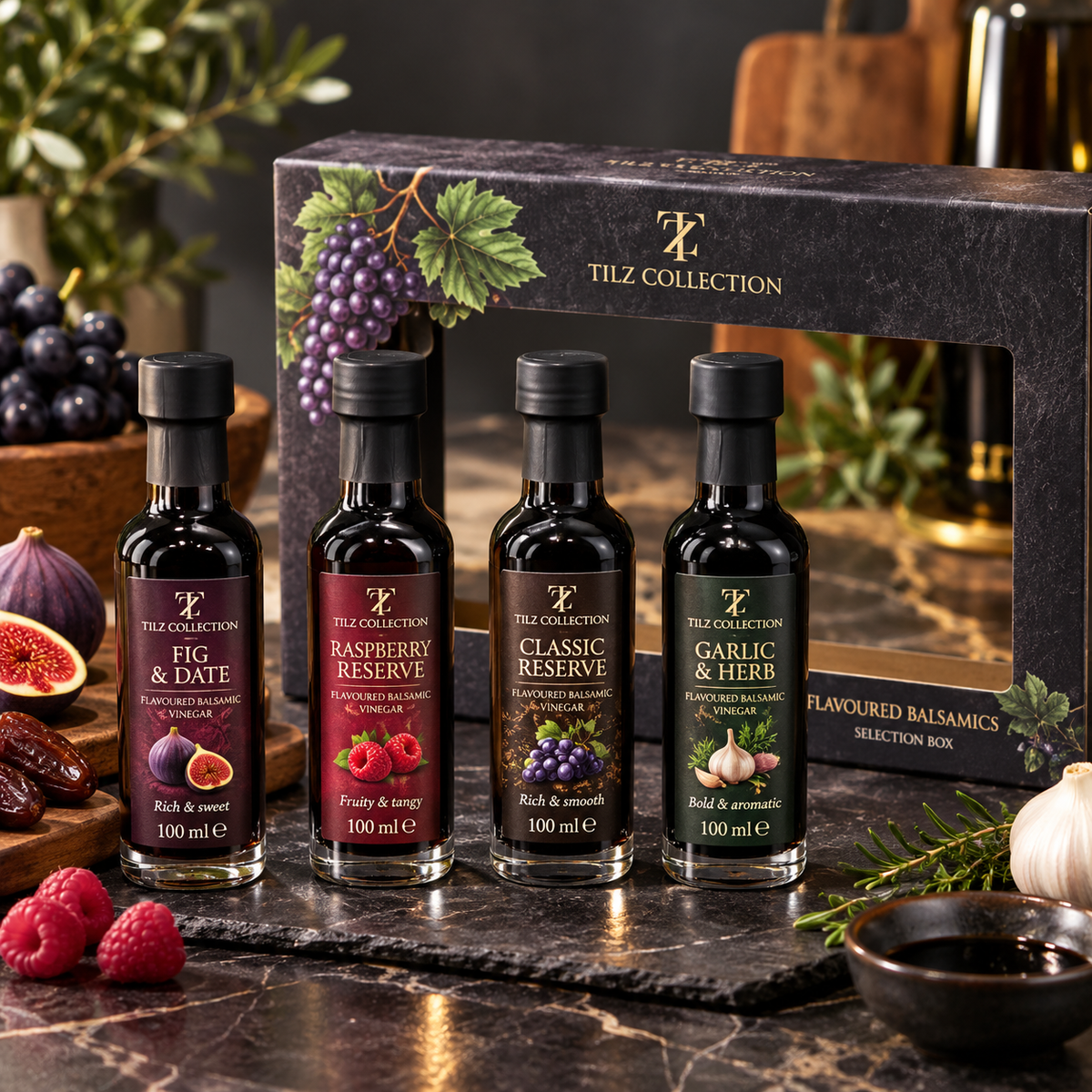 Flavoured Balsamic Vinegar Set | Pomegranate, Fig, Strawberry & Blackberry (4 × 60ml)