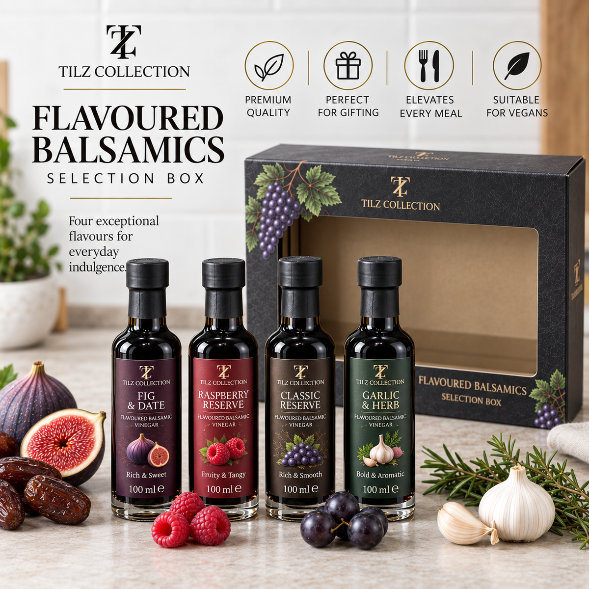 Flavoured Balsamic Vinegar Set | Pomegranate, Fig, Strawberry & Blackberry (4 × 60ml)