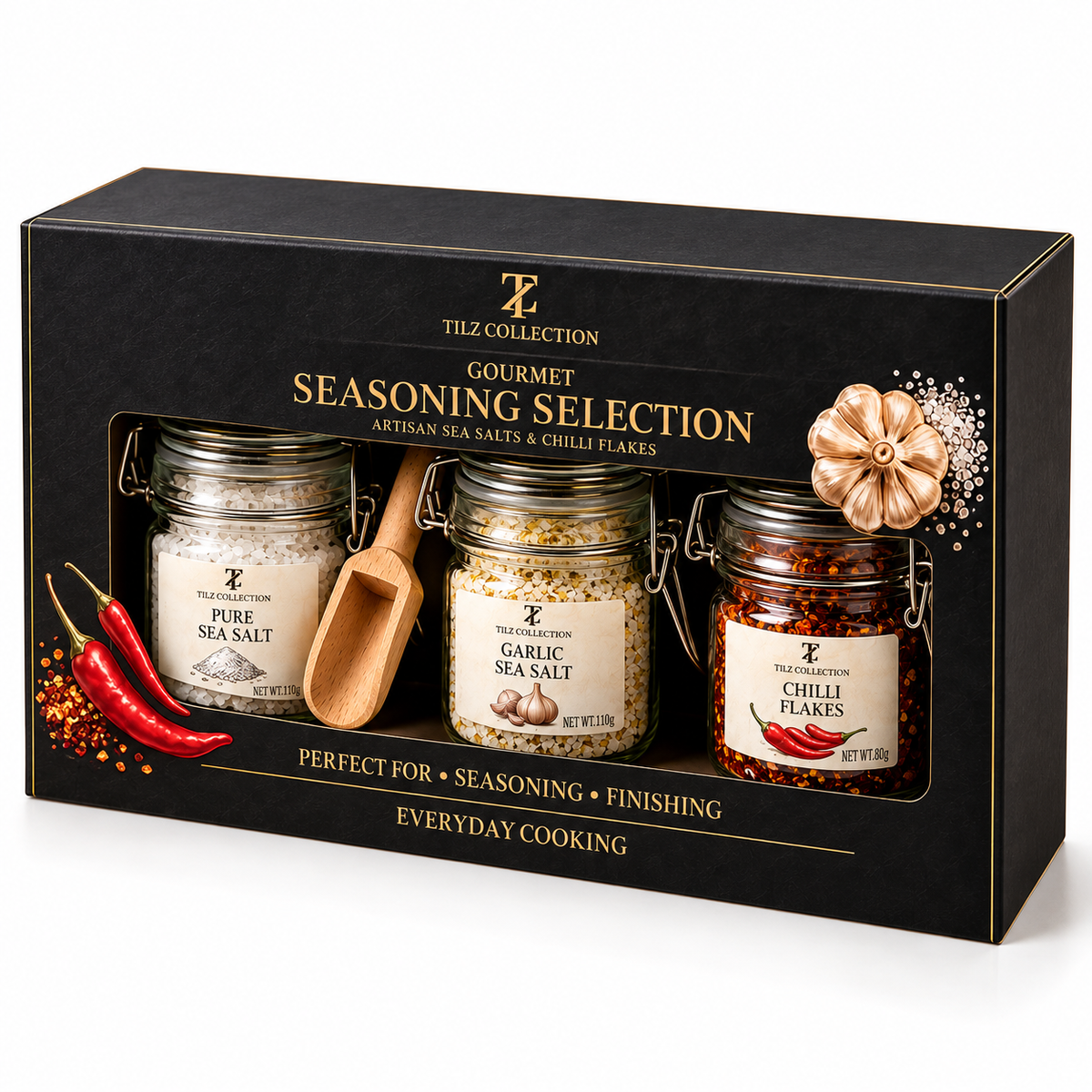 Gourmet Seasoning Set | Sea Salt, Garlic Salt & Chilli Flakes (3 × 100ml)