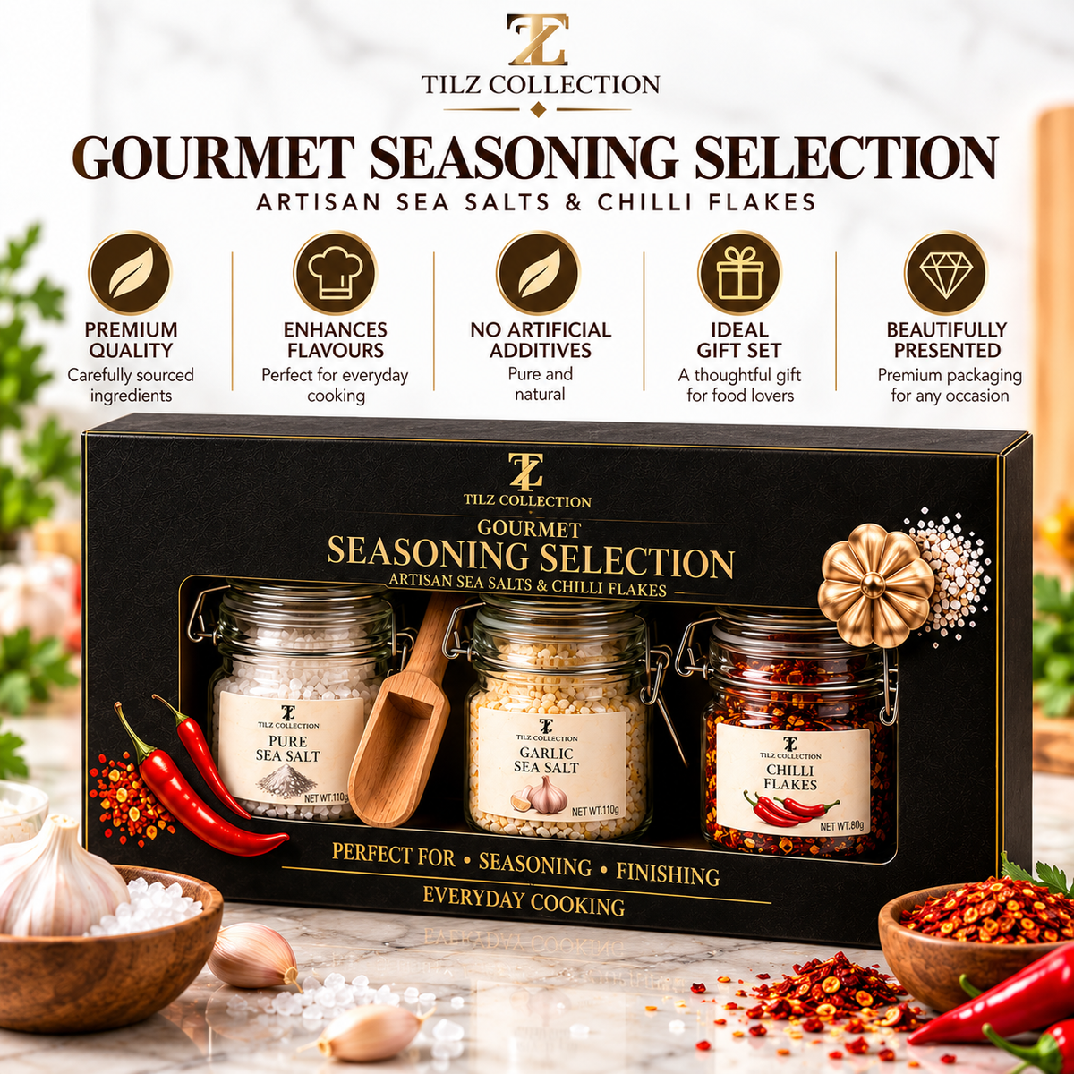 Gourmet Seasoning Set | Sea Salt, Garlic Salt & Chilli Flakes (3 × 100ml)