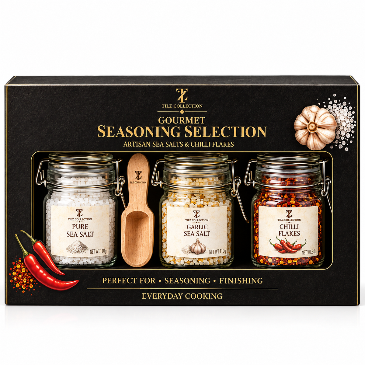 Gourmet Seasoning Set | Sea Salt, Garlic Salt & Chilli Flakes (3 × 100ml)