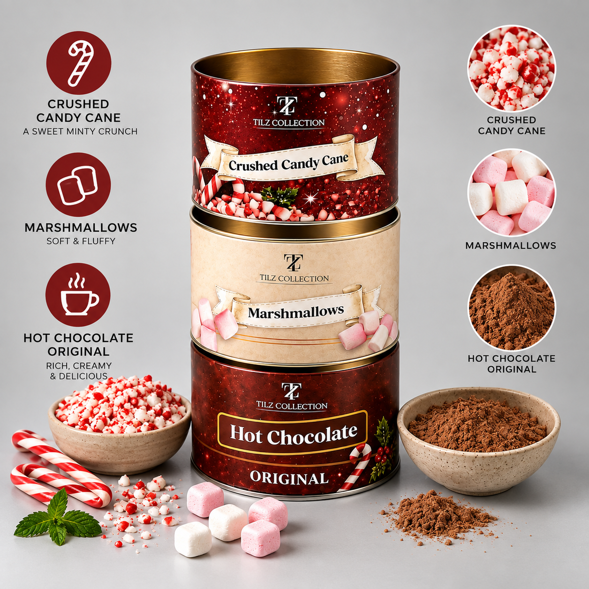 Hot Chocolate Stacked Tins Gift Set | Cocoa, Marshmallows & Candy Cane
