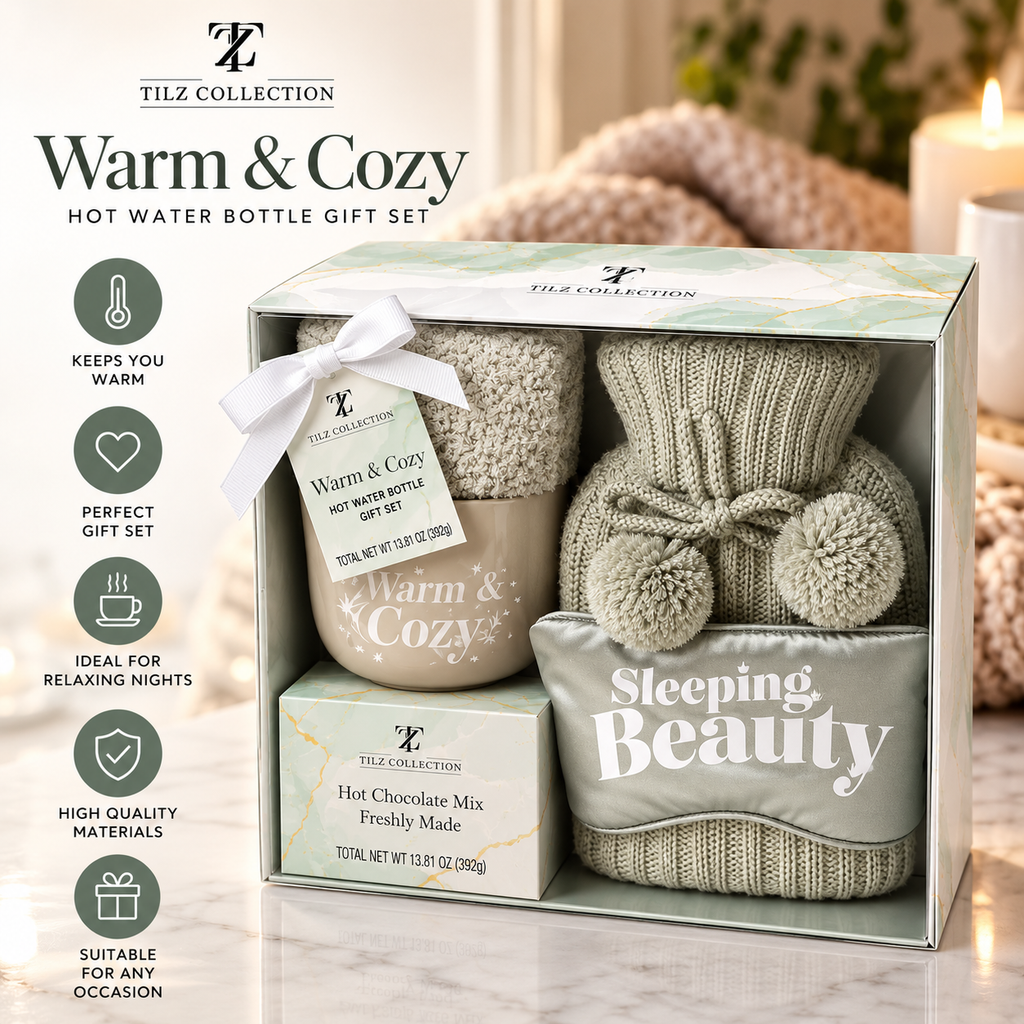 Hot Water Bottle Gift Set | Sage Green with Hot Chocolate & Socks