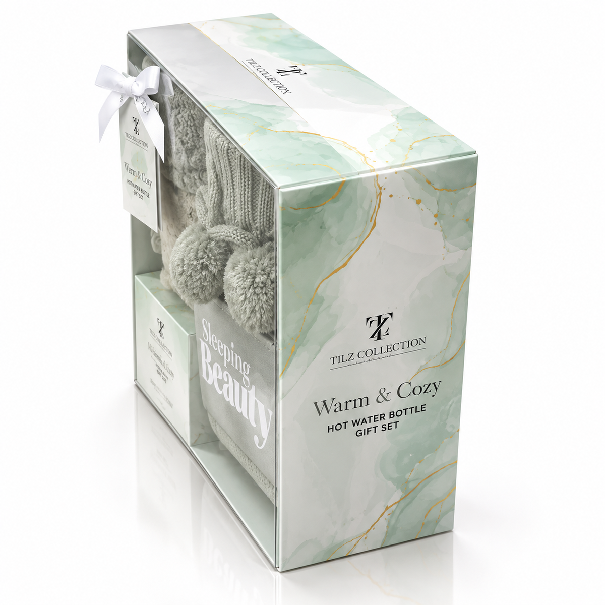 Hot Water Bottle Gift Set | Sage Green with Hot Chocolate & Socks