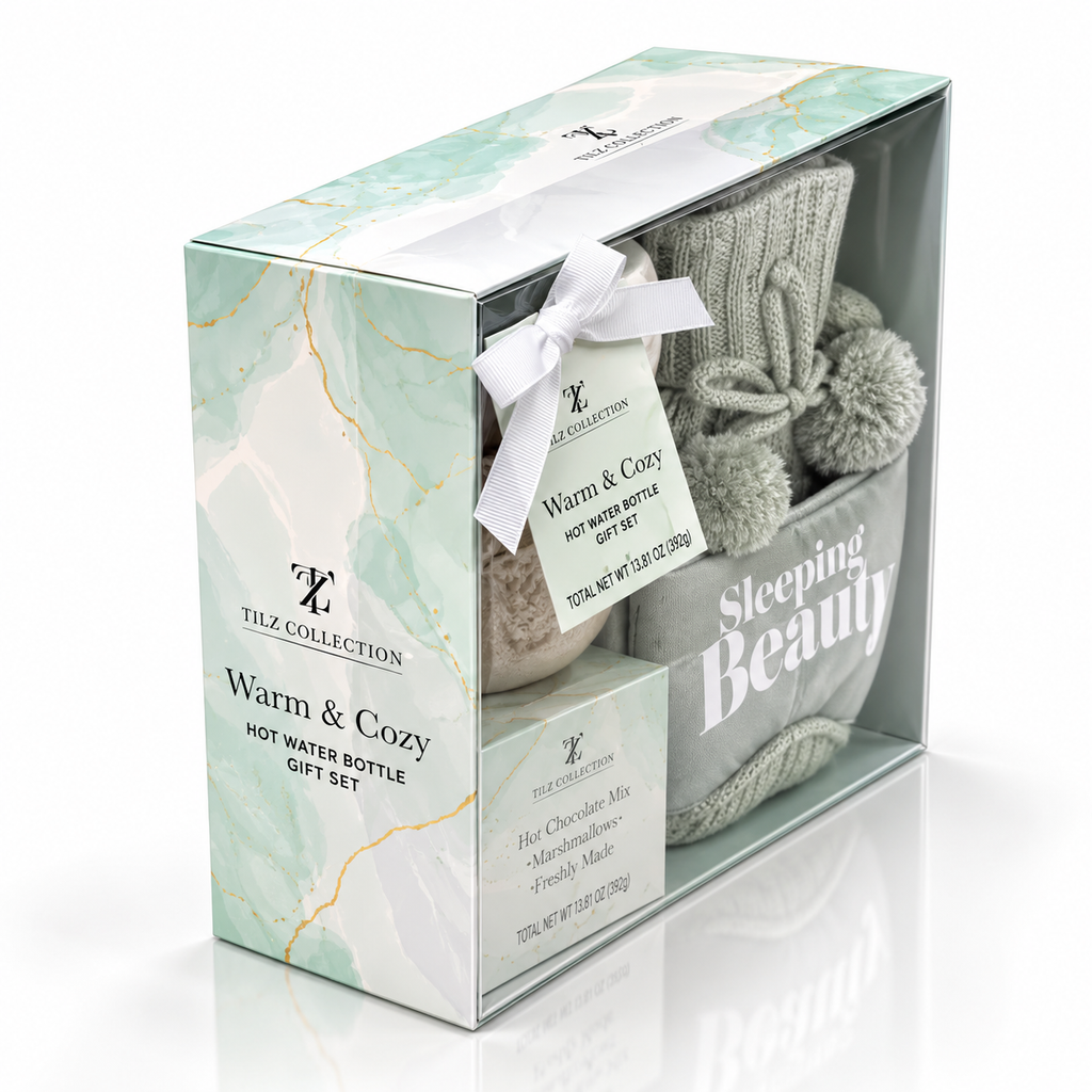 Hot Water Bottle Gift Set | Sage Green with Hot Chocolate & Socks