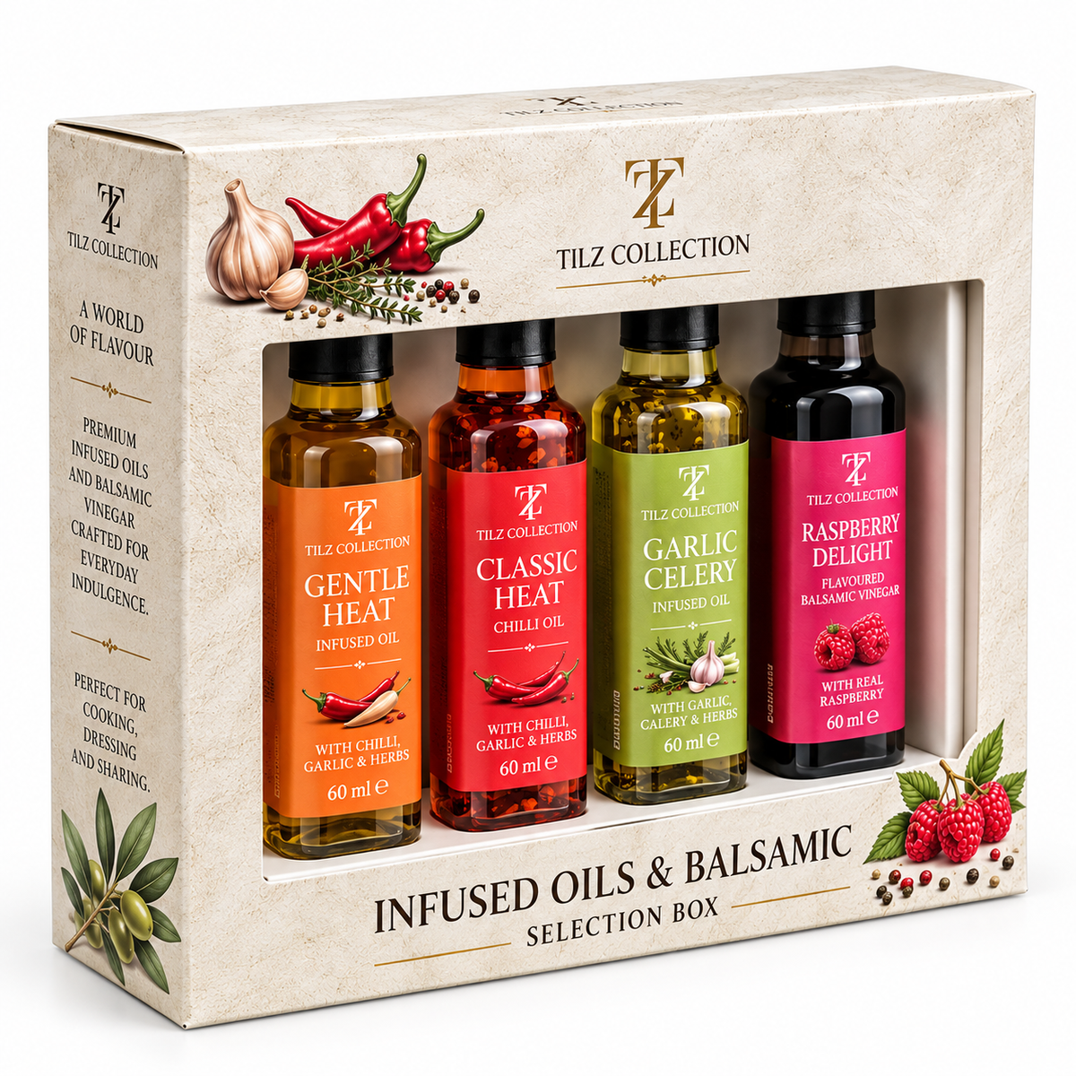 Infused Condiment Selection | Chilli Oil, Garlic Oil & Fruit Vinegars (4 × 100ml)