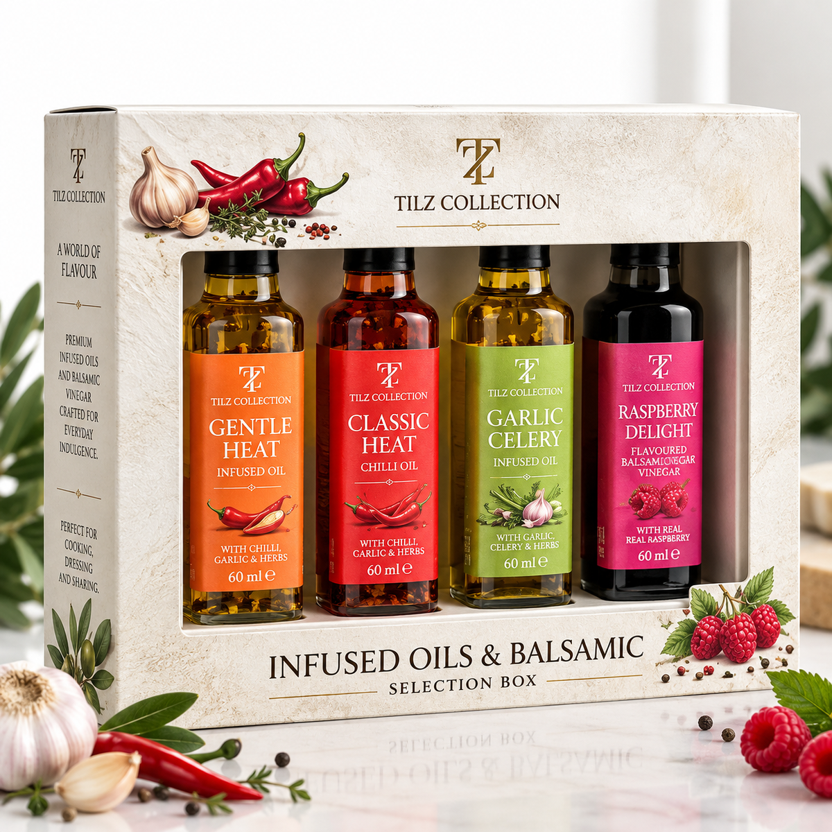 Infused Condiment Selection | Chilli Oil, Garlic Oil & Fruit Vinegars (4 × 100ml)