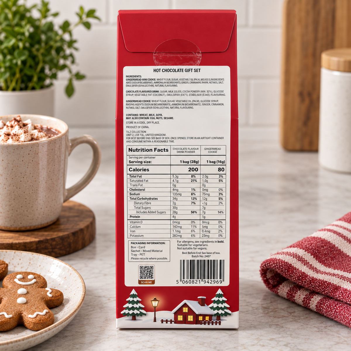 Gingerbread Man Hot Chocolate Gift Set | Choco Bomb, Biscuits & Socks
