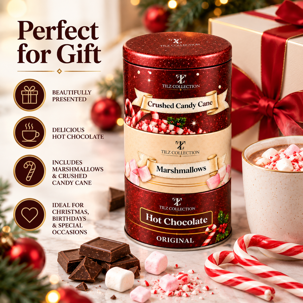 Hot Chocolate Stacked Tins Gift Set | Cocoa, Marshmallows & Candy Cane