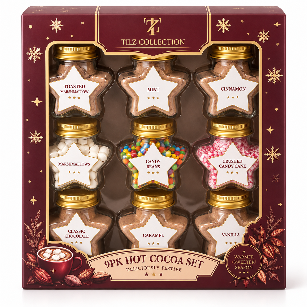 9PK Hot Chocolate Gift Set in Star Jars (242g) – Hot Chocolate Station Kit with Cocoa Powder & Toppings – Ideal Christmas Eve Box Fillers, Secret Santa Gift Box & Novelty Chocolate Gifts for Kids & Ad