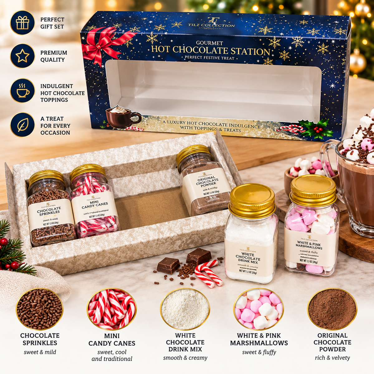 Hot Chocolate Station – Original & White Hot Chocolate Powder with Mini Candy Canes, Marshmallows & Chocolate Sprinkles – Christmas Gift Hamper for Kids & Adults
