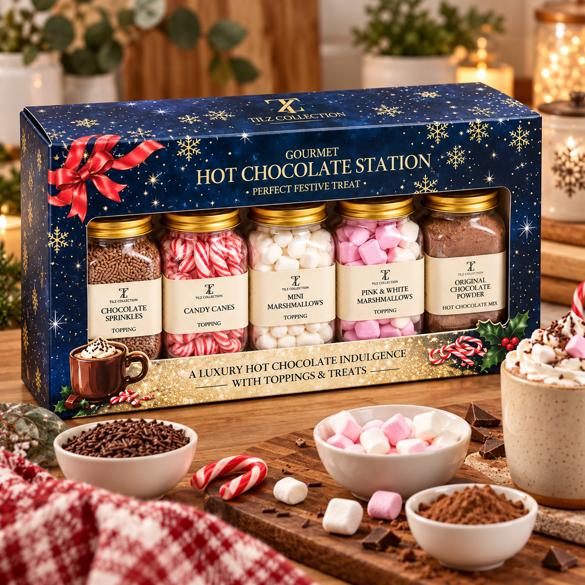 Hot Chocolate Station – Original & White Hot Chocolate Powder with Mini Candy Canes, Marshmallows & Chocolate Sprinkles – Christmas Gift Hamper for Kids & Adults