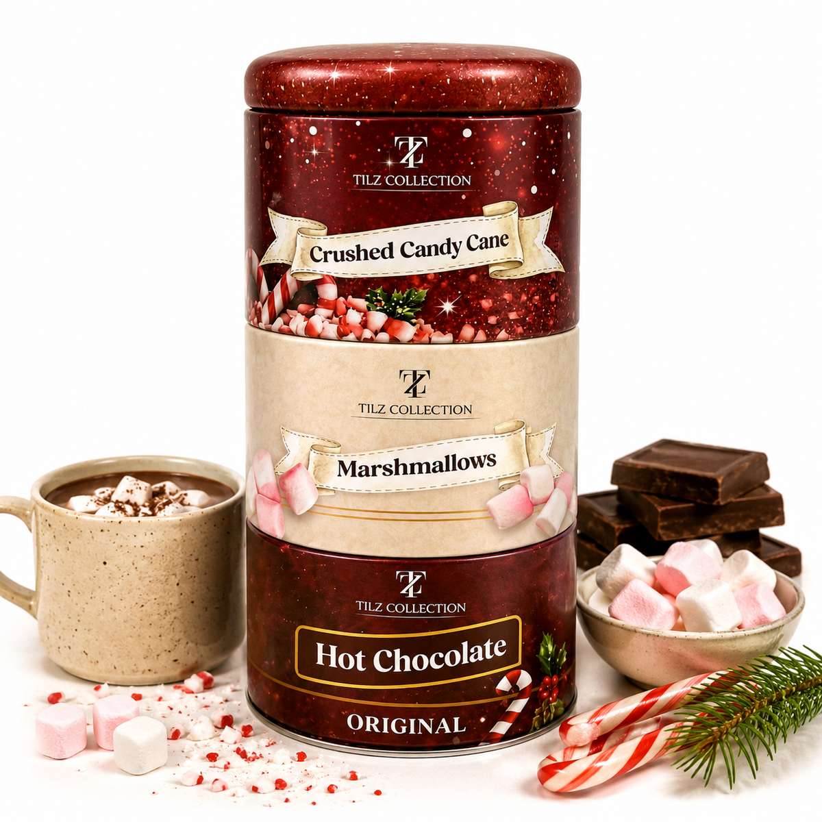 Hot Chocolate Stacked Tins Gift Set | Cocoa, Marshmallows & Candy Cane