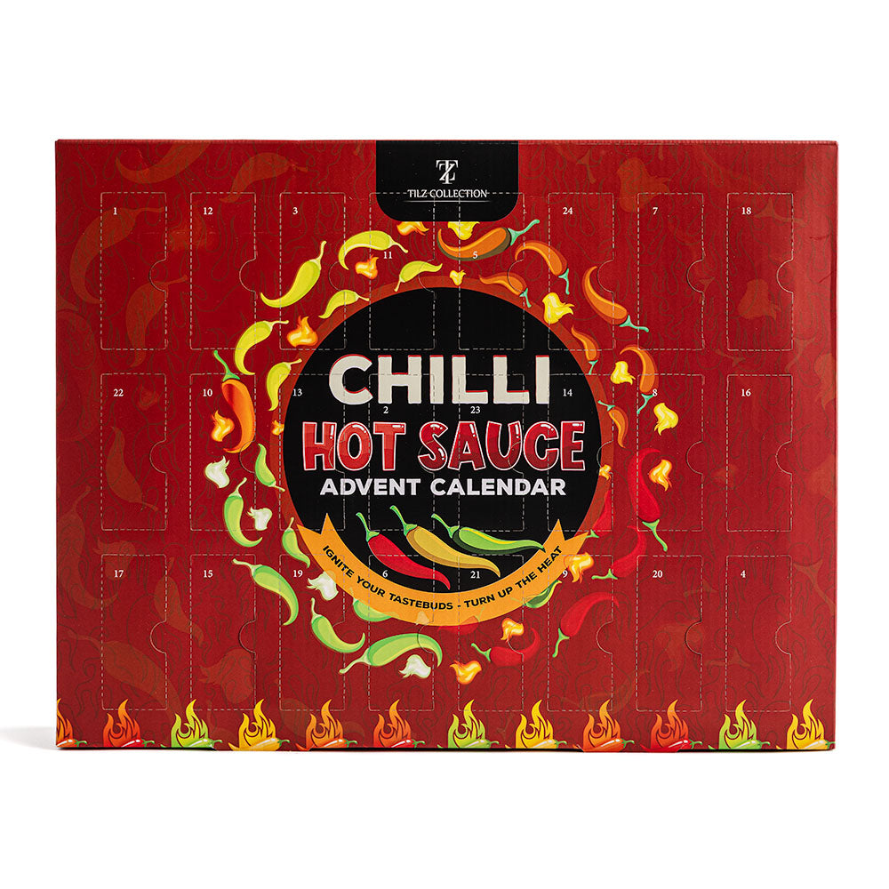 Tilz Collection 24 Day Chilli Hot Sauce Advent Calendar with 24 mini gourmet hot sauce bottles in a festive box