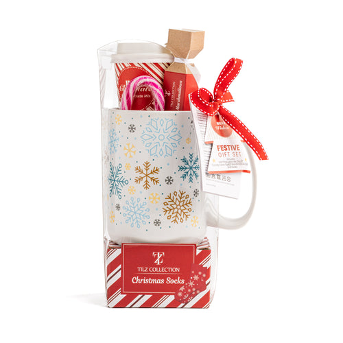 Tilz Collection Winter Warmth Cocoa Comfort Set with festive mug and hot chocolate