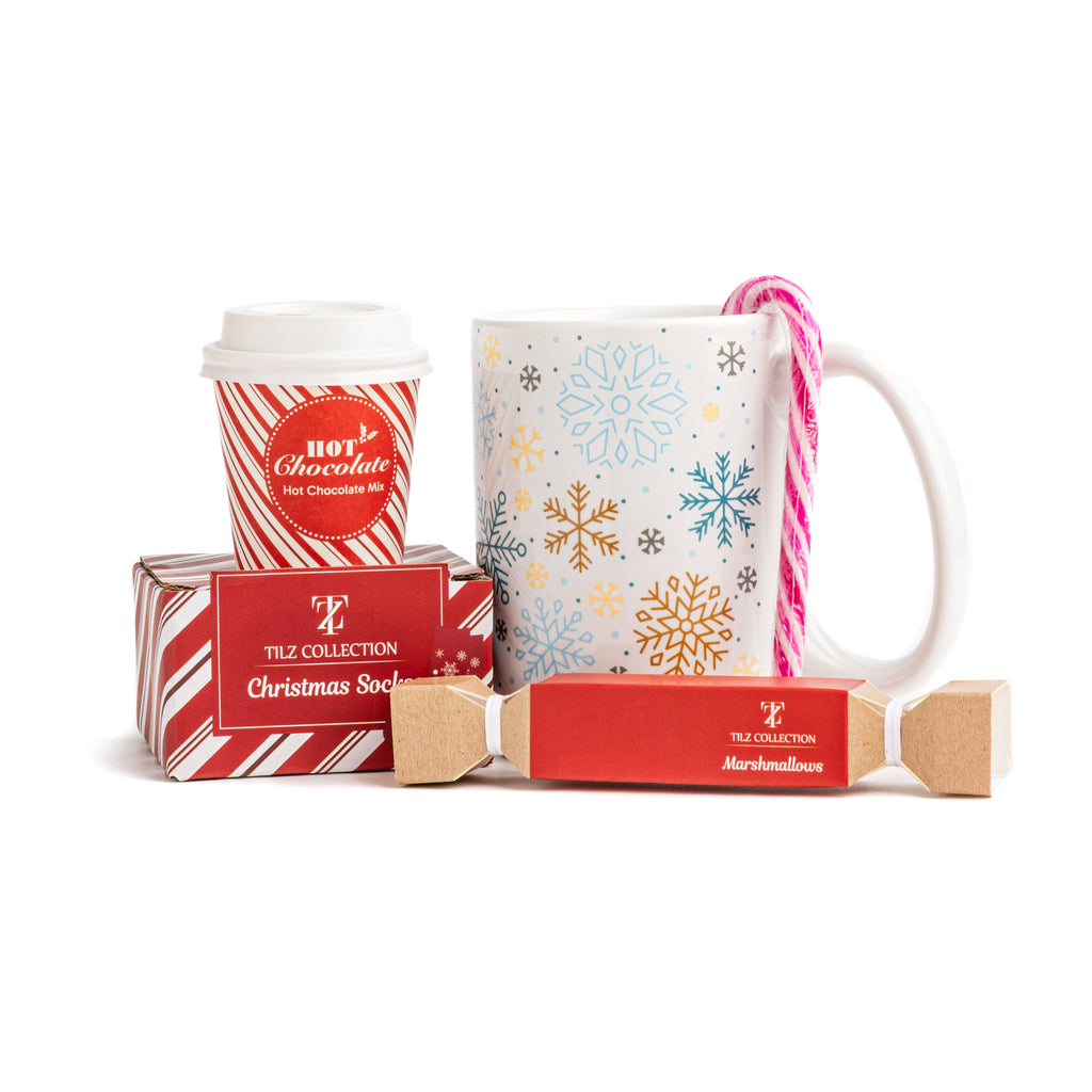 Tilz Collection Winter Warmth Cocoa Comfort Set with festive mug and hot chocolate
