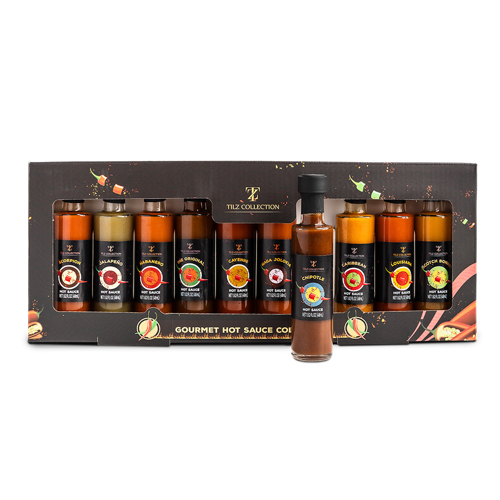 Tilz Collection Hot Sauce Gift Set with ten gourmet chilli sauce bottles
