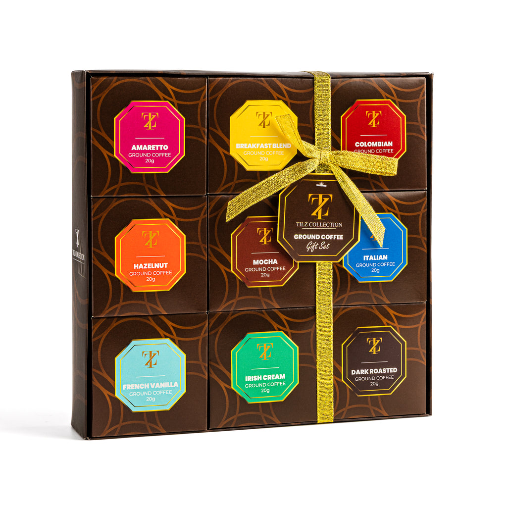 Tilz Collection Refined Brew Selection with 9 ground coffee roasts in elegant packaging