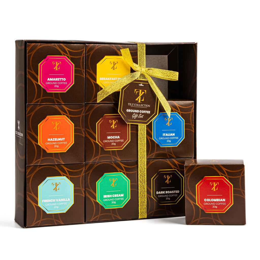 Tilz Collection Refined Brew Selection with 9 ground coffee roasts in elegant packaging