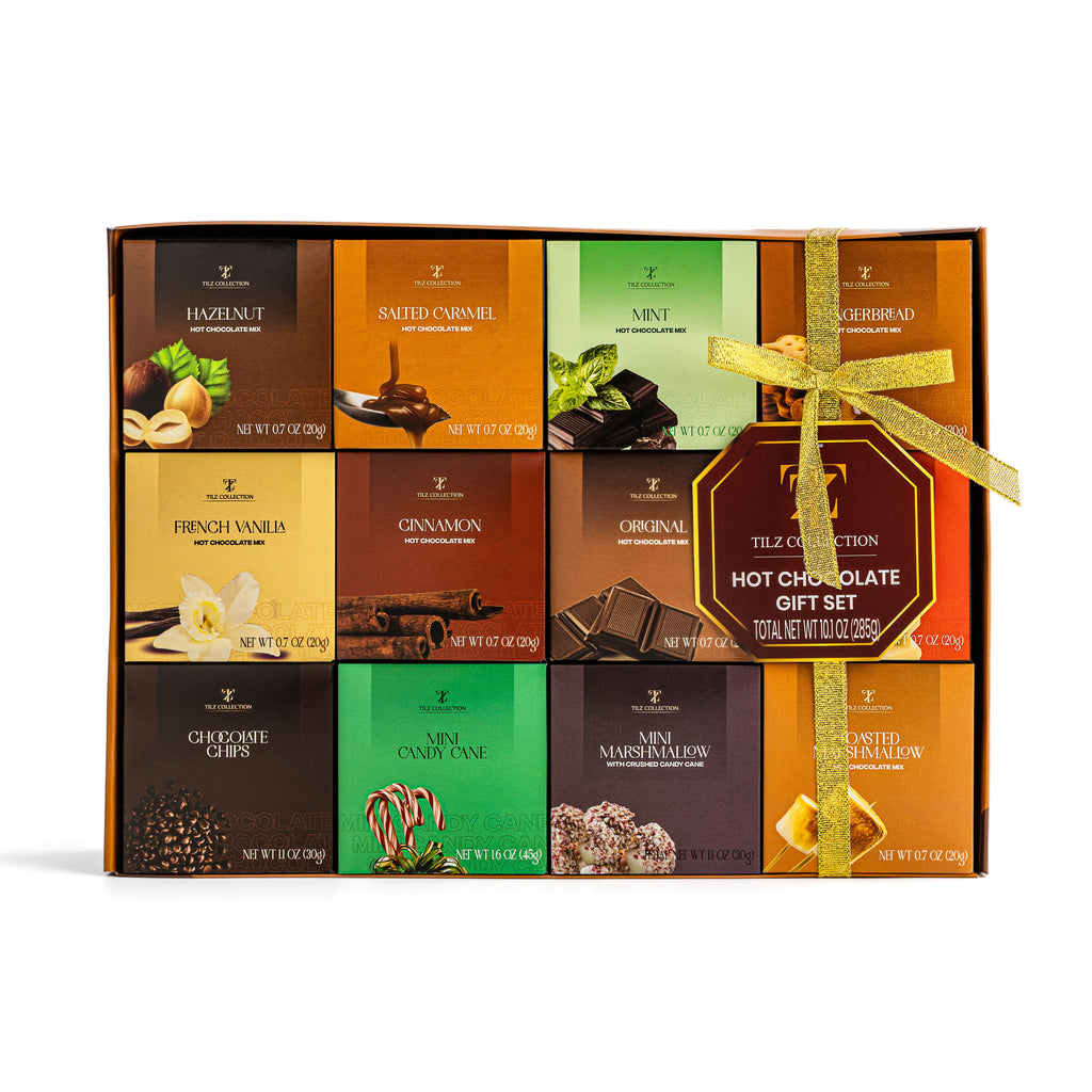 Tilz Collection Luxury Hot Chocolate Gift Set with twelve flavour sachets