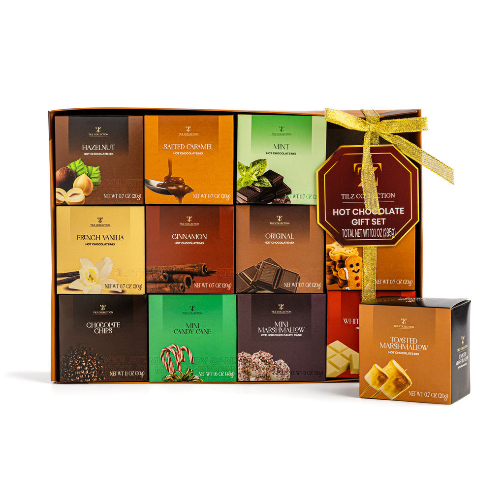 Tilz Collection Luxury Hot Chocolate Gift Set with twelve flavour sachets