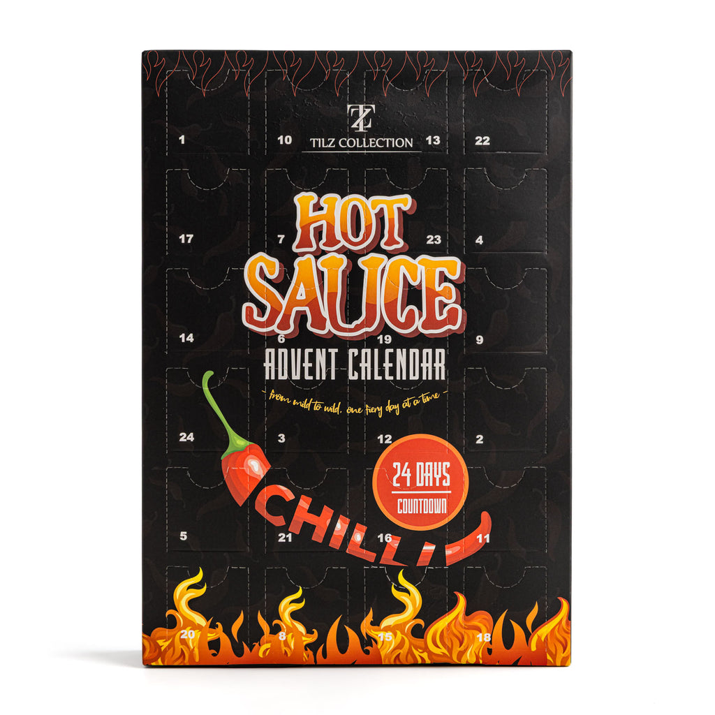 Tilz Collection 24 Day Hot Sauce Advent Calendar with mini chilli sauce sachets in a festive box