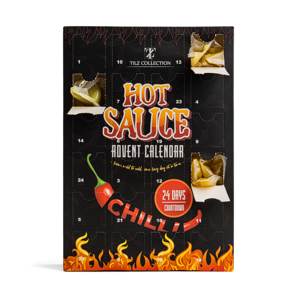 Tilz Collection 24 Day Hot Sauce Advent Calendar with mini chilli sauce sachets in a festive box