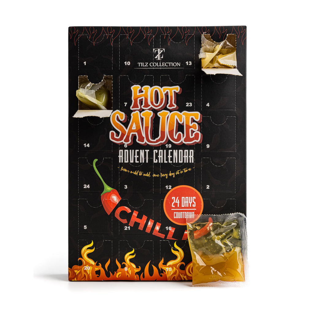 Tilz Collection 24 Day Hot Sauce Advent Calendar with mini chilli sauce sachets in a festive box