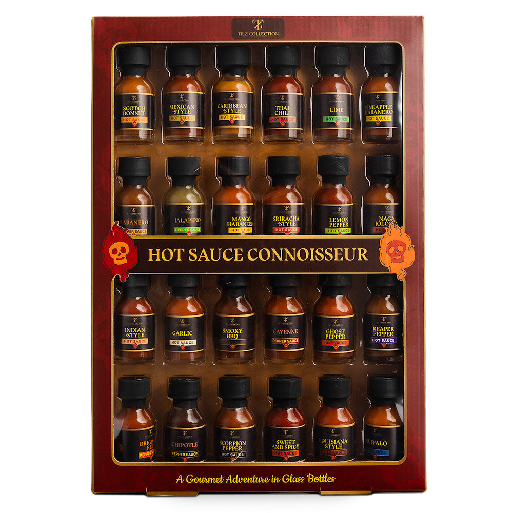 Tilz Collection Ultimate Hot Sauce Connoisseur 24 Bottle Gift Collection with glass sauce bottles