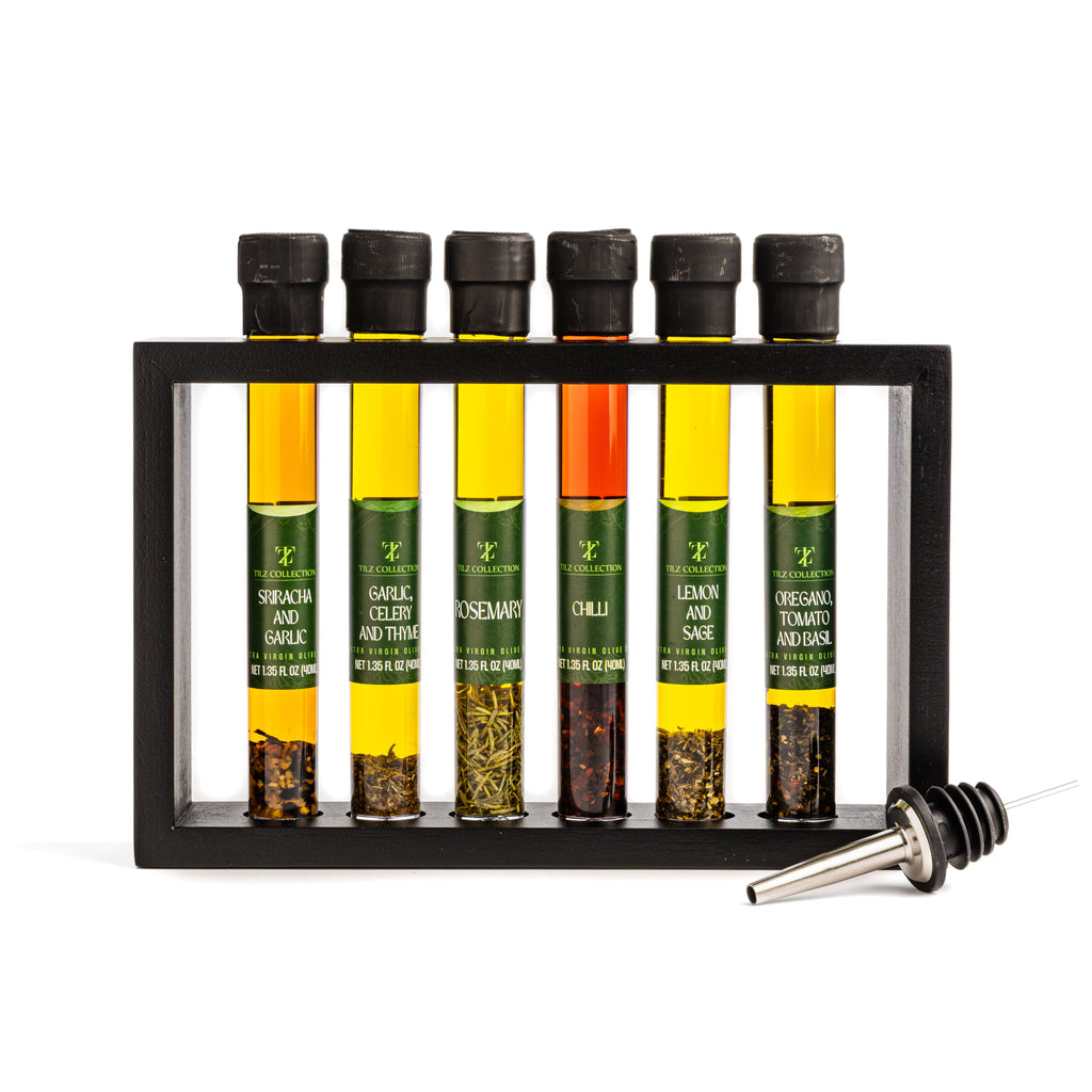 Tilz Collection Country Kitchen Infused Oil Collection with six gourmet cooking oil bottles
