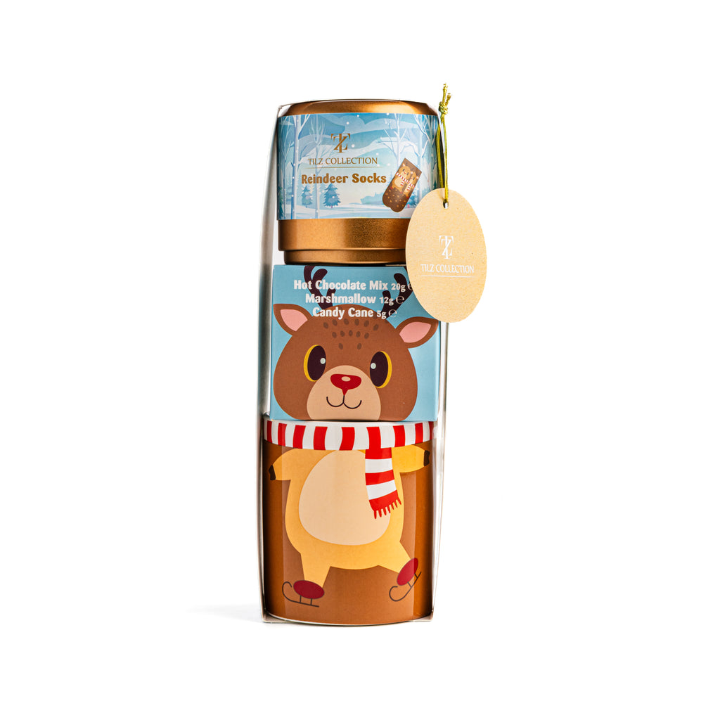 Tilz Collection Reindeer Socks and Hot Chocolate Gift Set with festive cosy winter treats