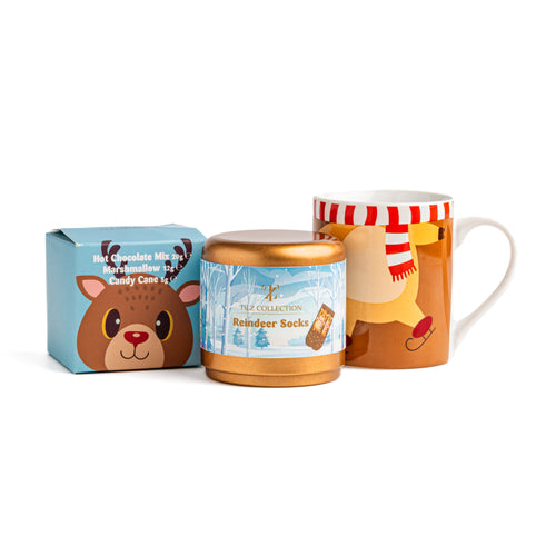 Tilz Collection Reindeer Socks and Hot Chocolate Gift Set with festive cosy winter treats