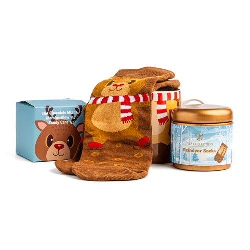 Tilz Collection Reindeer Socks and Hot Chocolate Gift Set with festive cosy winter treats