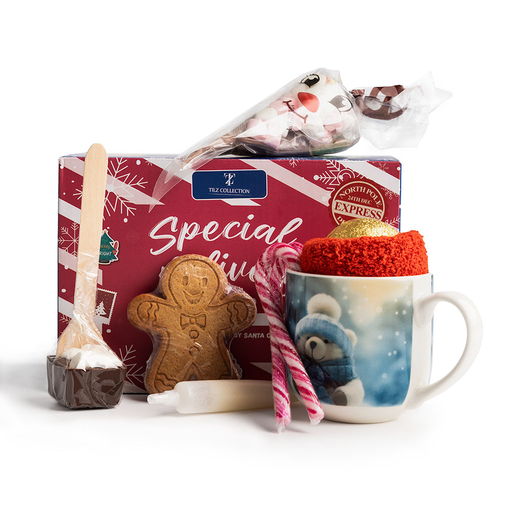 Tilz Collection Yuletide Comfort Collection festive Christmas Eve gift box with mug and hot drinks